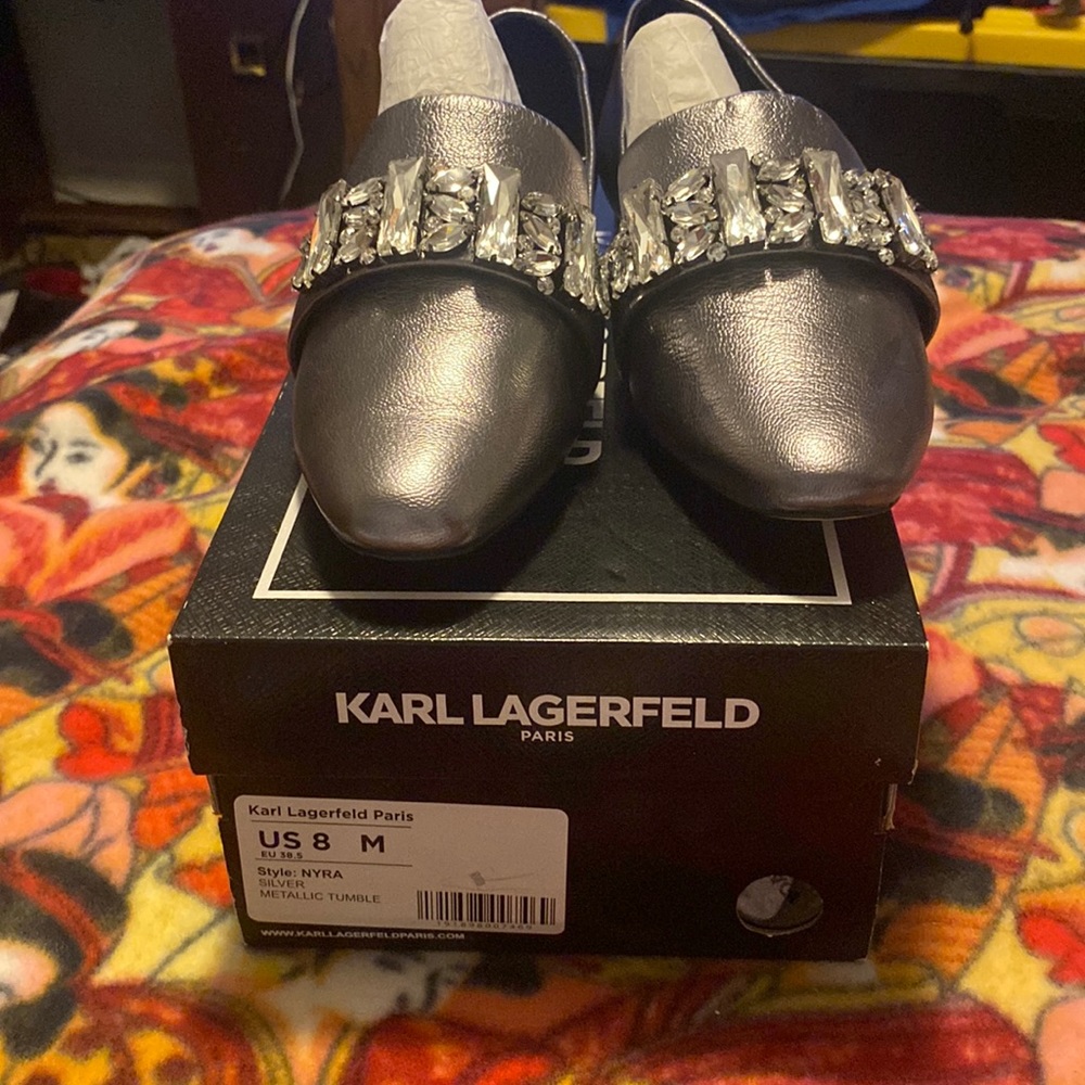 Karl Lagerfeld Paris Nyra Embellished Metallic Leather Loafers, size 8